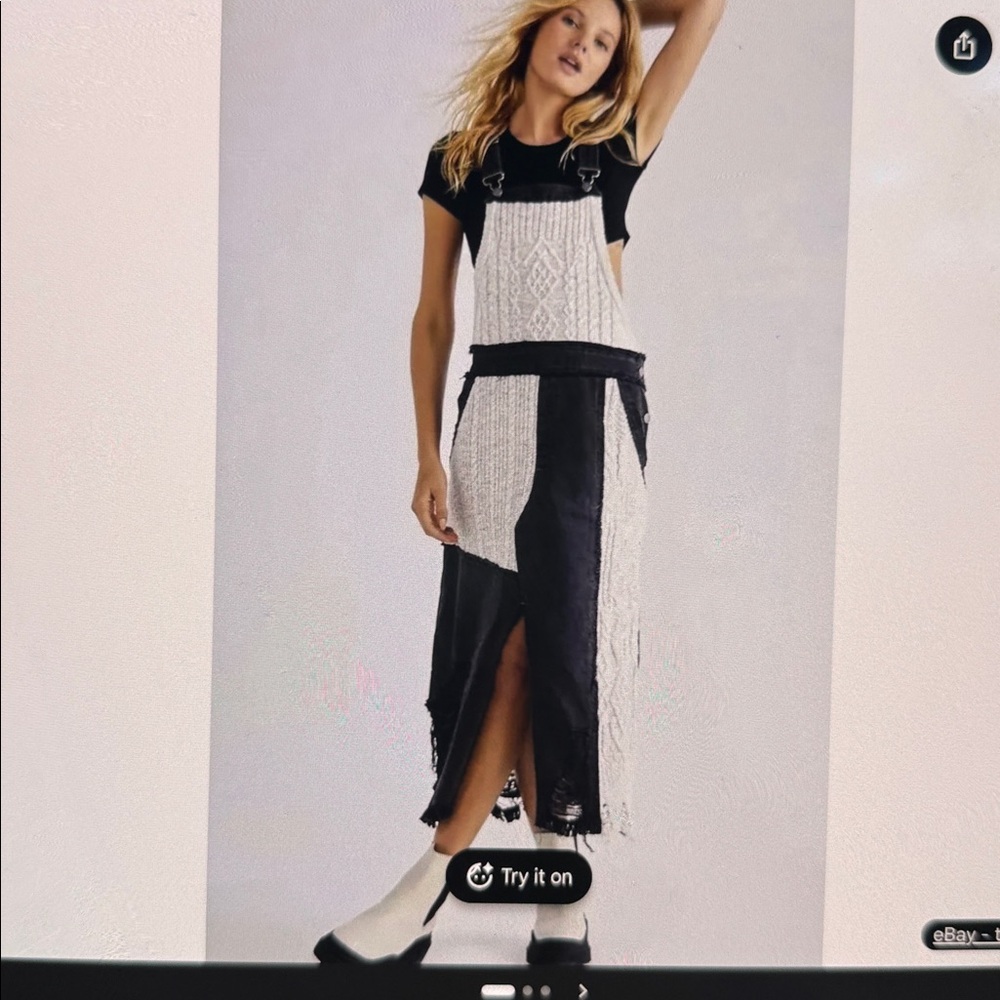 Free People Brighton Skirtall Overalls Denim Cable Knit  Black Ivory Knit